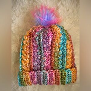 Crocheted Toddler/children’s colorful and fun rainbow winter hat with pom pom